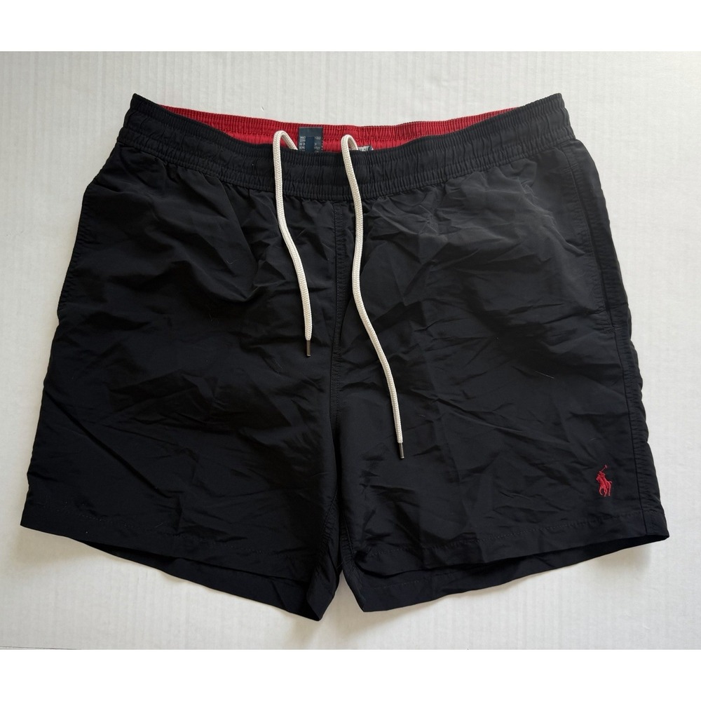 Polo Ralph Lauren Mens Black Swim Trunks Red Pony Logo Mesh Lined Shorts Large